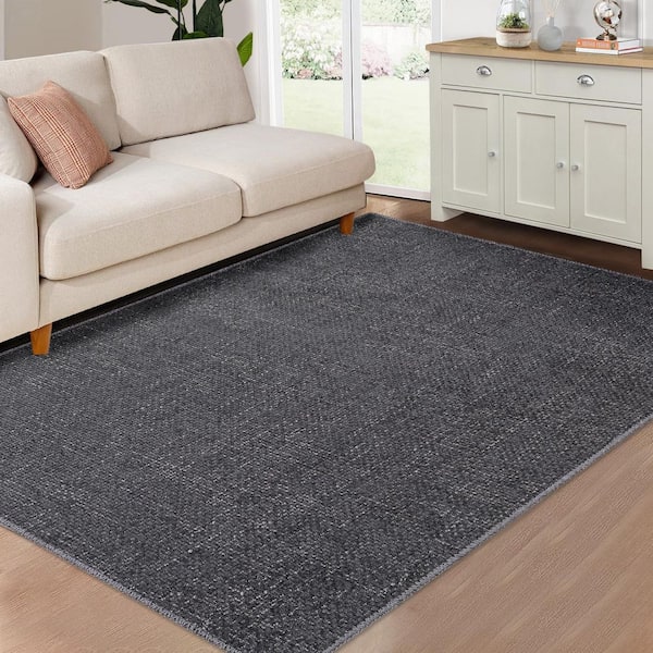 Modern Solid Rug Machine Washable Rug Low Pile Floor Cover Anti-stain Non-slip for Bedroom Hallway Dark Gray，9X12ft