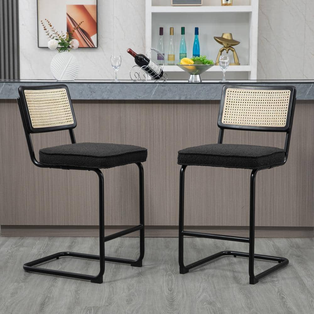 Ayers Black Boucle Fabric and Steel Counter Stool with Rattan Backrest