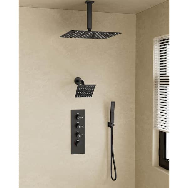 YAWWALK Thermostatic Valve 7-Spray 16 in. and 6 in. Dual Ceiling Mount Shower Head and Handheld Shower in Matte Black