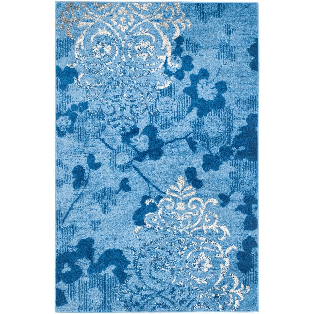 Adirondack Light Blue and Dark Blue Floral Area Rug, 6' x 9'