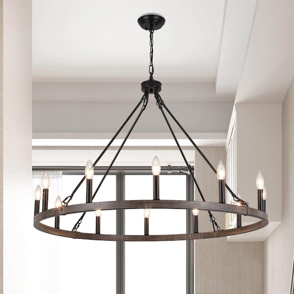 ZJVAIVE 12-Light Black and Wood GRain Candle Design Circle Iron Wagon Wheel Chandelier for Dining Room with No Bulbs Included