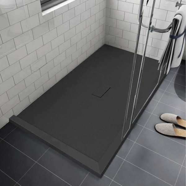 Trimslate 51.2 in. L x 39.4 in. W Corner Shower Pan Base with Center Drain and Double Threshold in Black