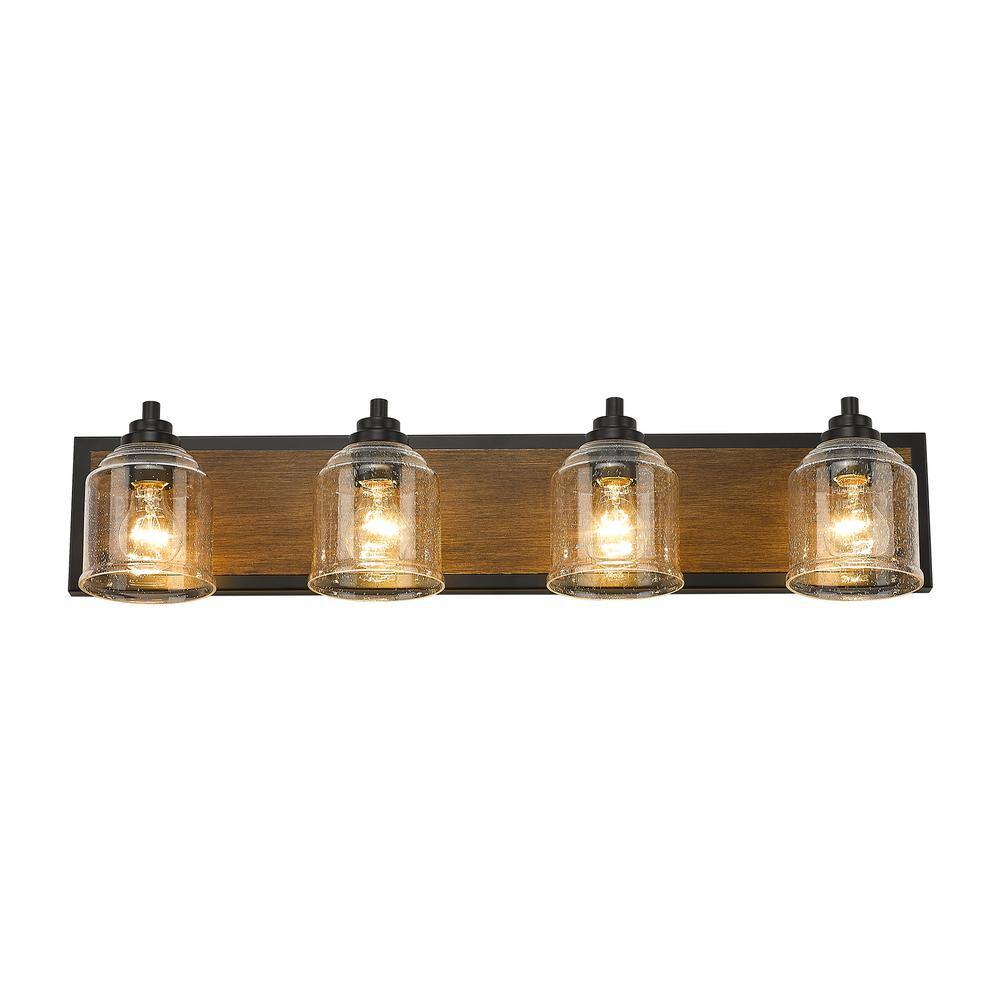 Farmhouse 31.5 in. 4-Light Black and Dark Wood Grain Metal Modern Bathroom Vanity Light with Clear Seeded Glass Shades price history on PriceWatchPro