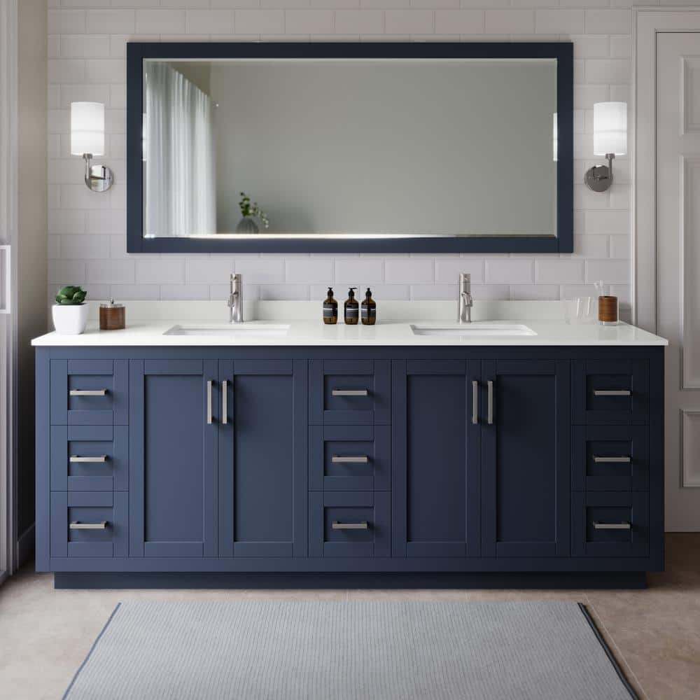 Miranda 84-Inch Double Vanity, Quartz Top, 70-Inch Mirror - Dark Blue, Nickel Trim, White Quartz Top, image size:1000x1000