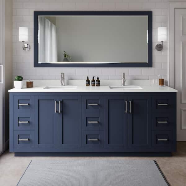 Wyndham Collection Miranda 84 in. W x 22 in. D x 33.75 in. H Double Bath Vanity in Dark Blue with White Quartz Top and 70 in. Mirror