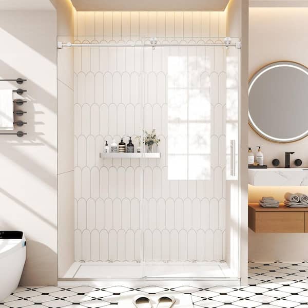 56-60" W X 76" H Frameless Sliding Shower Door 3/8"(10mm) Tempered Glass And Stainless Steel Hardware, Brushed Nickel