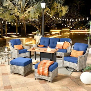 Verona Grey 7-Piece Wicker Outdoor Fire Pit Patio Conversation Sofa Set with Swivel Chairs and Navy Blue Cushions