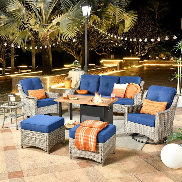 HOOOWOOO Verona Grey 7-Piece Wicker Outdoor Fire Pit Patio Conversation Sofa Set with Swivel Chairs and Navy Blue Cushions
