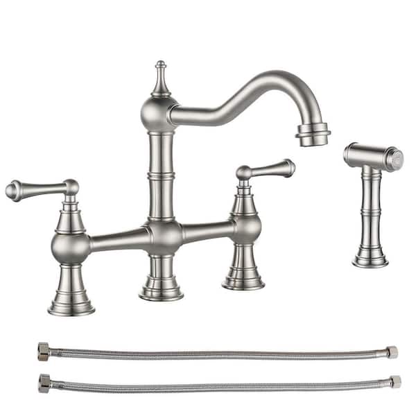Antique Design Double Handle Bridge Kitchen Faucet with Side Sprayer in Brushed Nickel