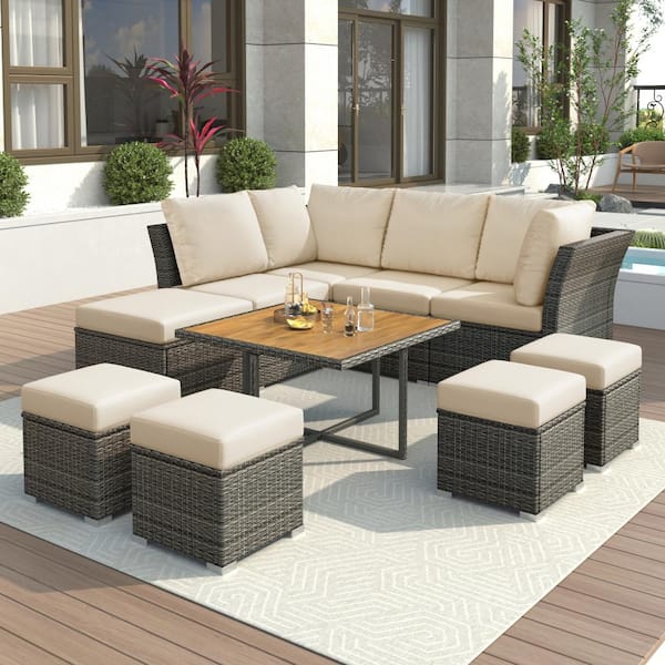 ITOPFOX 10-Piece Wicker Patio Conversation Set with Beige Cushions and Solid Wood Coffee Table