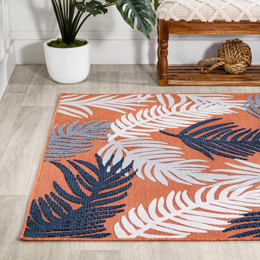 Montego Tropical Palm Orange Navy Ivory 3' x 5' Synthetic Area Rug