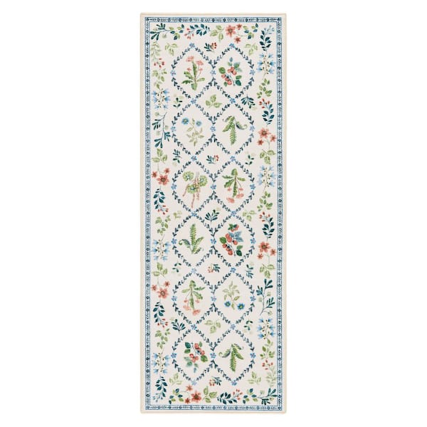 EVERWASH Haven 2 ft. 6 in. x 7 ft. Ivory Floral Trellis Washable Area Rug