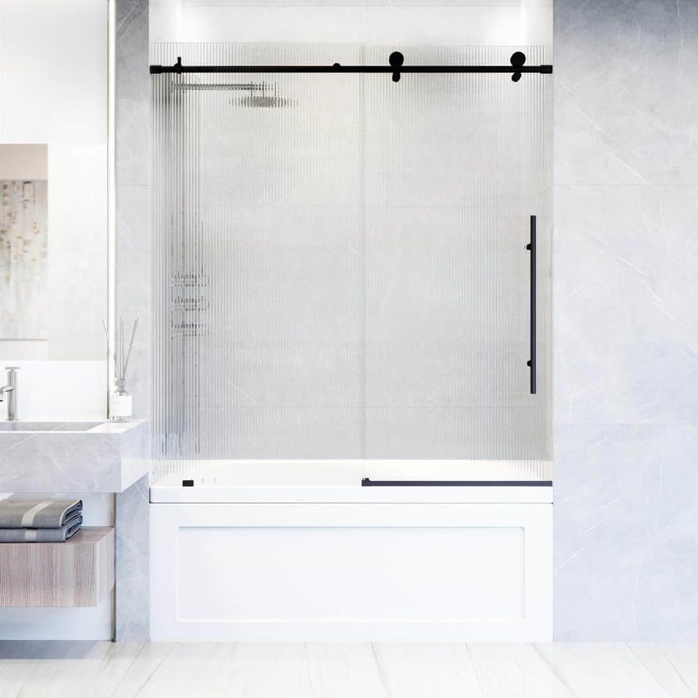 Elan E-Class 60" Matte Black Frameless Sliding Tub Door with Fluted Glass