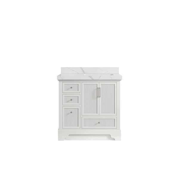 Willow Collections Alys 36 in. W. x 22 in. D x 36 in. H Single Right Offset Sink Bath Vanity in White with 2 in. Calcutta Laza Qt. Top
