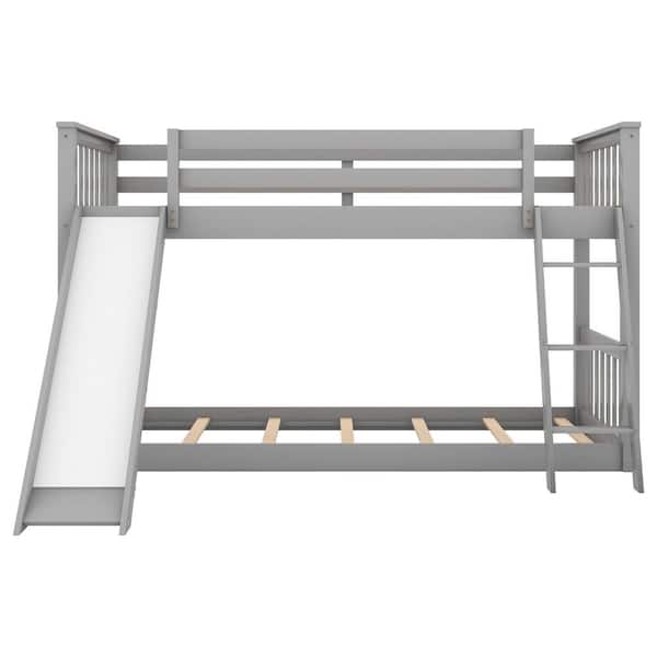 STICKON Gray Twin Over Twin Bunk Bed with Convertible Slide and Ladder