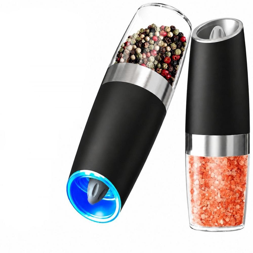 135 mL Automatic Salt and Pepper Grinder Set, Black, Ceramic Grinding Core, Adjustable Coarseness, LED Light