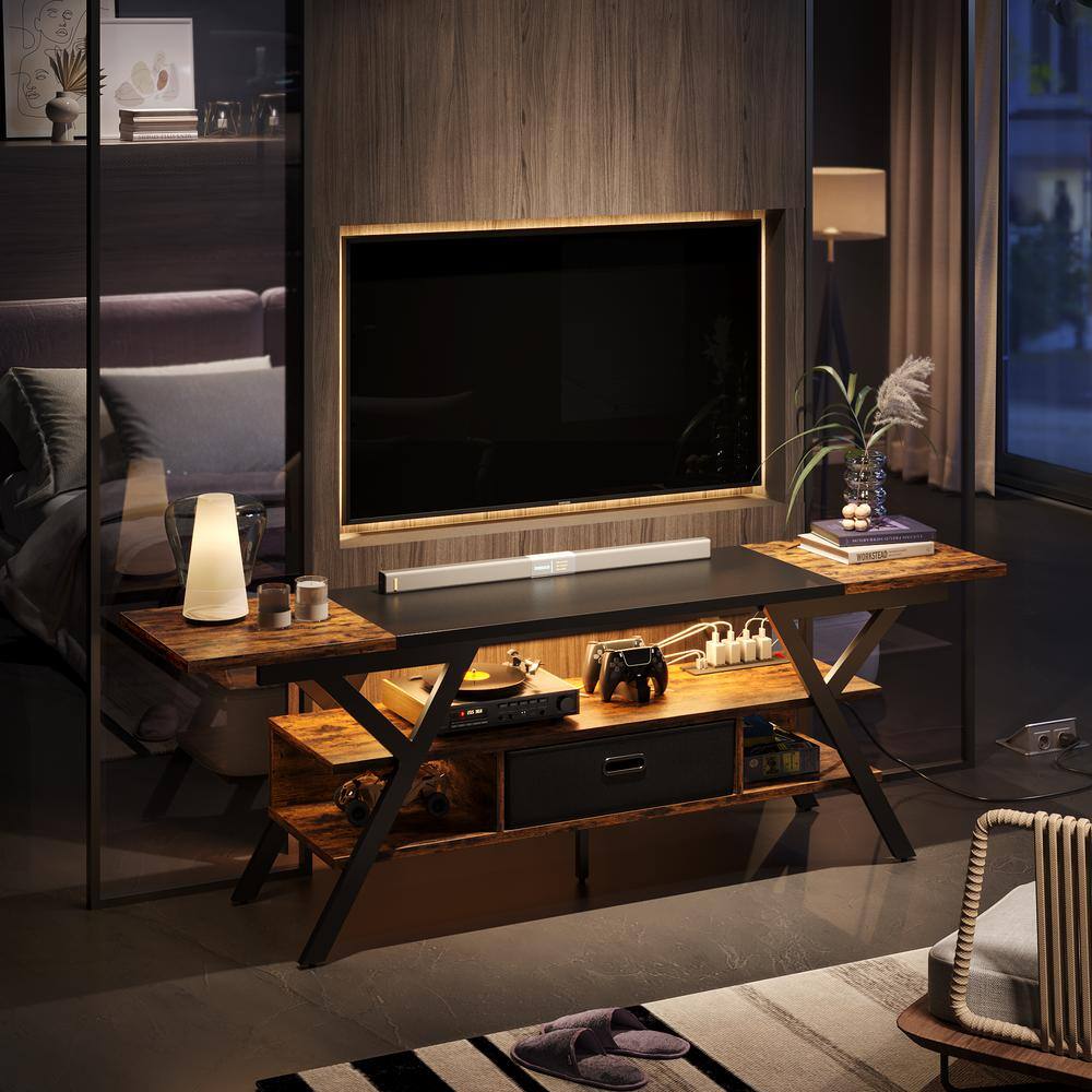 Bestier 70 in. Rustic Brown LED Gaming TV Stand with Drawer and Power ...