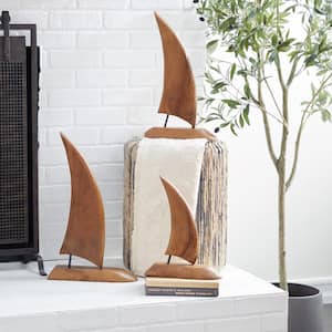 Brown Teak Wood Handmade Sail Boat Sculpture (Set of 3)