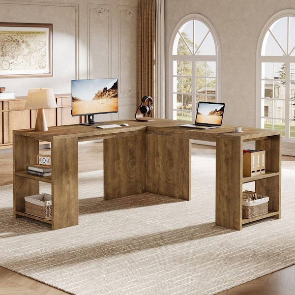 BYBLIGHT 59 in. L Shaped Light Brown Wood Computer Desks, Farmhouse L Shaped Executive Office Desks with Storage Shelves