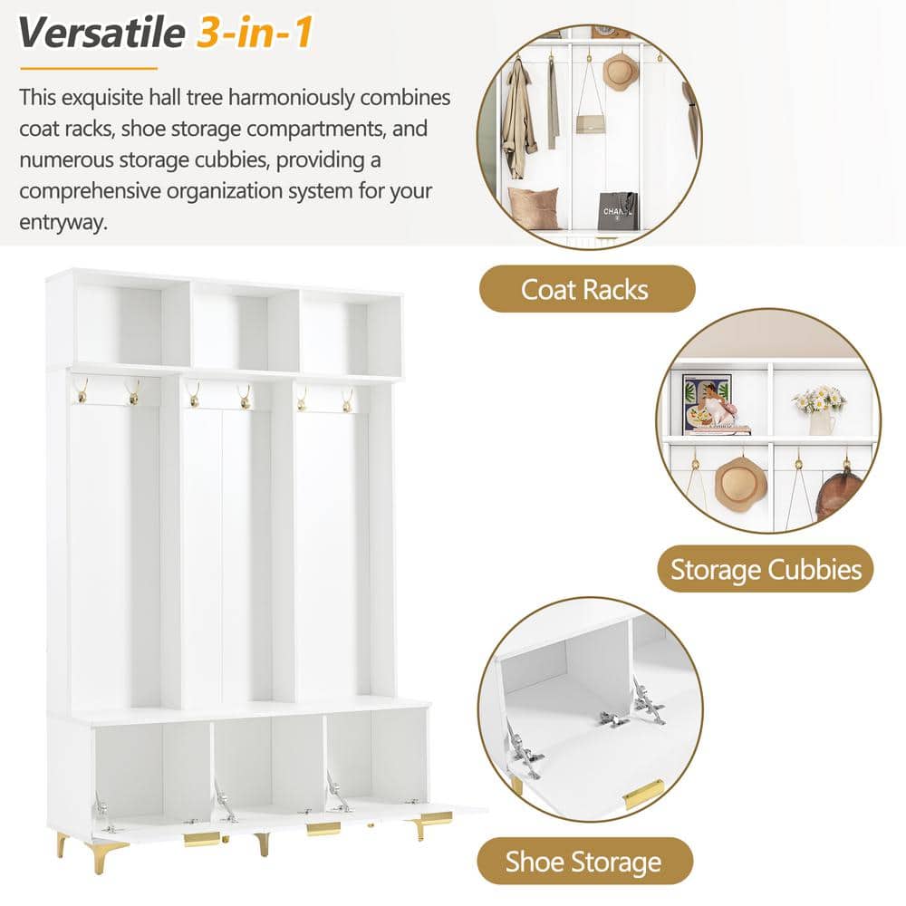 White and Gold Large Hall Tree with Bench and Storage