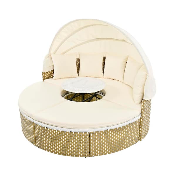 Round Wicker Outdoor Day Bed Separate Seating with Retractable Canopy and Beige Removable Cushions