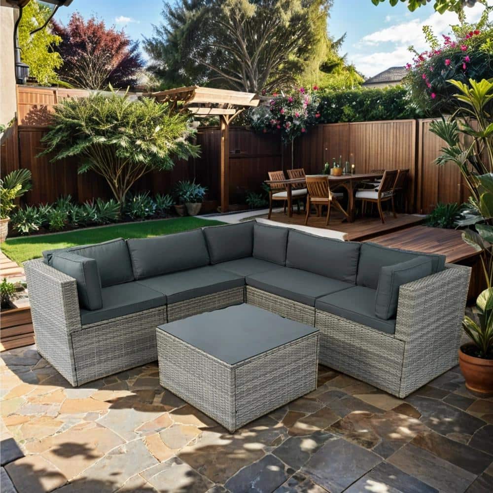6-Piece Gray PE Rattan Wicker Outdoor Sectional Sofa Set with Dark Grey Cushions
