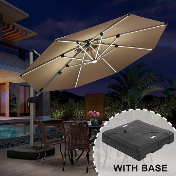 11 ft. Octagon Aluminum Solar Powered LED Patio Cantilever Offset Umbrella with Stand, Beige