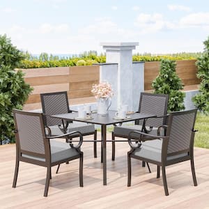 5-Piece Metal Patio Outdoor Dining Set with Rattan Woven Backrest,4 Chairs, Large Table, Umbrella Hole and Grey Cushions