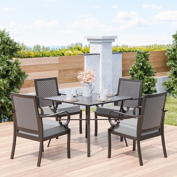 5-Piece Metal Patio Outdoor Dining Set with Rattan Woven Backrest,4 Chairs, Large Table, Umbrella Hole and Grey Cushions