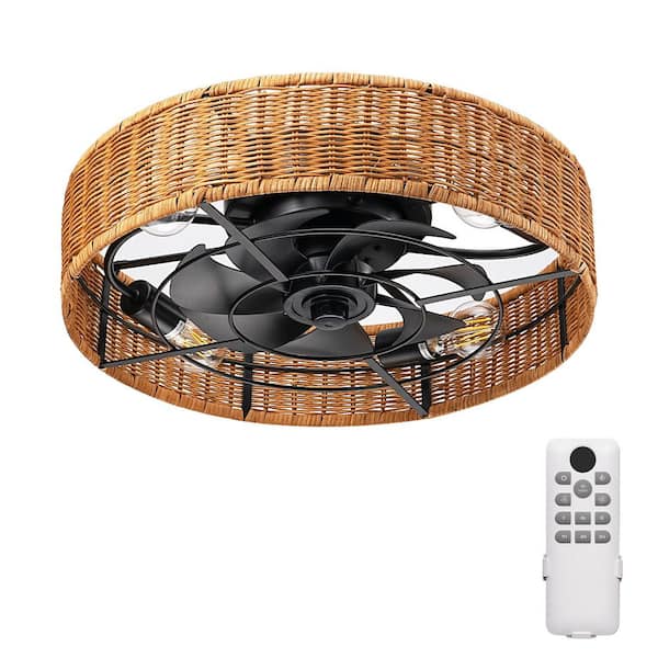 19.7'' Brown Standard Flush Mount Rattan Flush Mount Ceiling Fan With Light And Remote Control Included