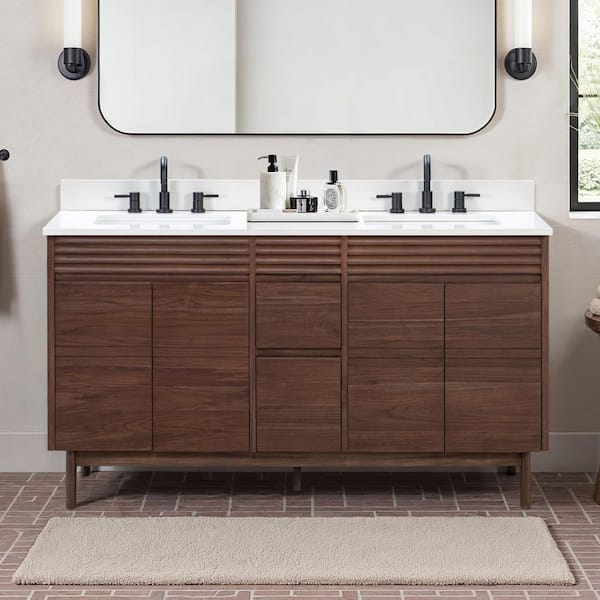 Carina 61 in. Double Sink Coffee Teak Bath Vanity with White Engineered Stone Top