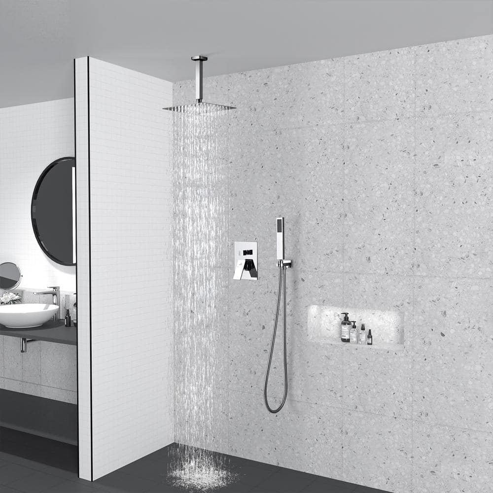 Large Chrome Dual Square Ceiling Mounted Rain Shower System