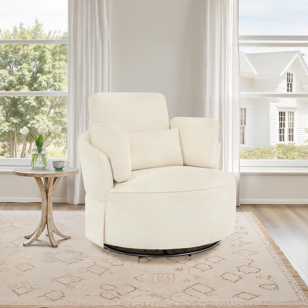 Nova Champagne Fabric Upholstered 360° Swivel Accent Chair Metal Base Barrel Chair with Pillow price history on PriceWatchPro