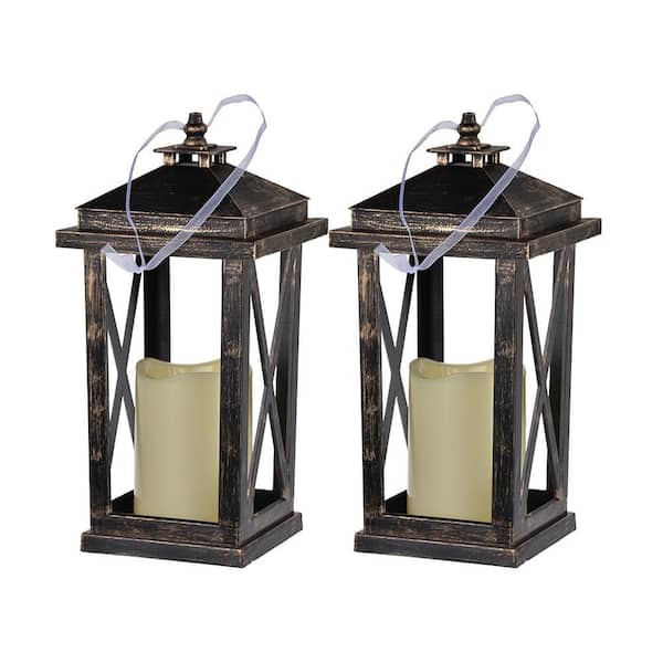 11 in. H Antique Black Plastic Decorative Lantern with Led Candle