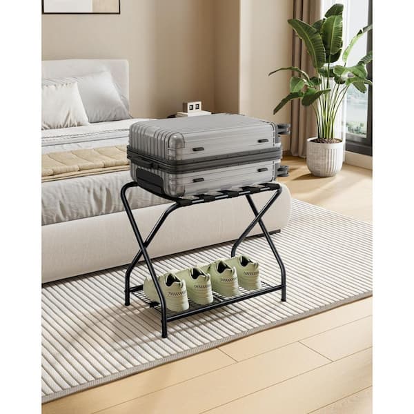 Numhew 2-Pack Black Luggage Rack, Suitcase Stand with Storage