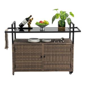Light Brown Outdoor Versatile and Stylish Bar Cart- Wicker Patio Wine Serving Cart with Glass Top and 360° Smooth Wheels