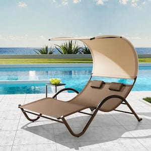 1-Piece Patio Double Outdoor Chaise Lounge in Brown with Sun Shade Canopy, Wheels and Headrest