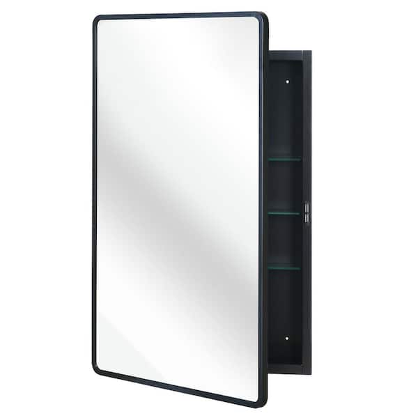 Unbranded Black Metal Framed Recessed Bathroom Medicine Cabinet with Mirror Rectangle Beveled Vanity Mirrors for Wall 24 x 26 in.