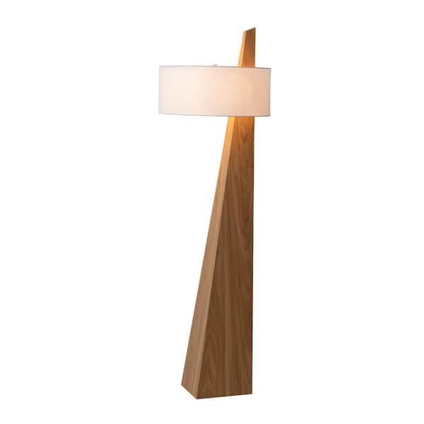 63 in Natural Ash Contemporary 1-Light Smart Dimmable Arc Floor Lamp For Living Room With Clear Glass Linen Drum Shade