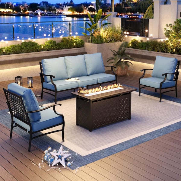 PHI VILLA Black Meshed 5 Seat 4-Piece Metal Steel Outdoor Fire Pit Patio Set with Blue Cushions, Black Rectangular Fire Pit Table