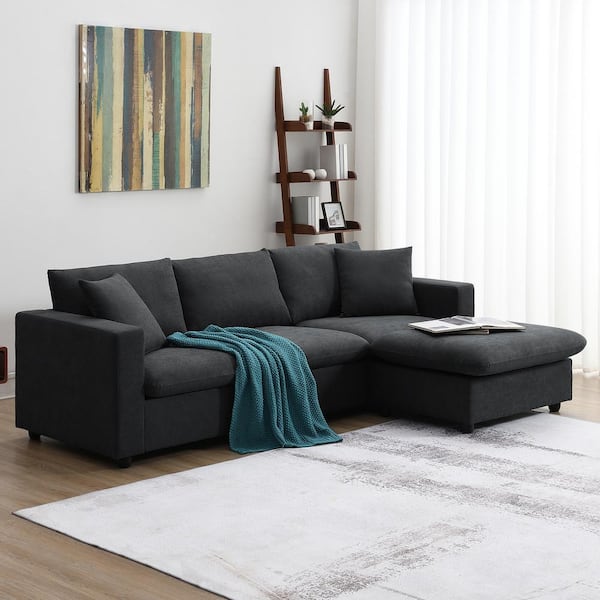 sumyeg 100.4 in. L-Shaped Polyester Sectional Sofa in. Black with 2-Pillows and Convertible Ottoman