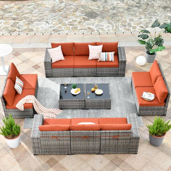 OVIOS Bissty Gray 12-Piece Wicker Wide Arm Patio Conversation Set with Orange Red Cushions