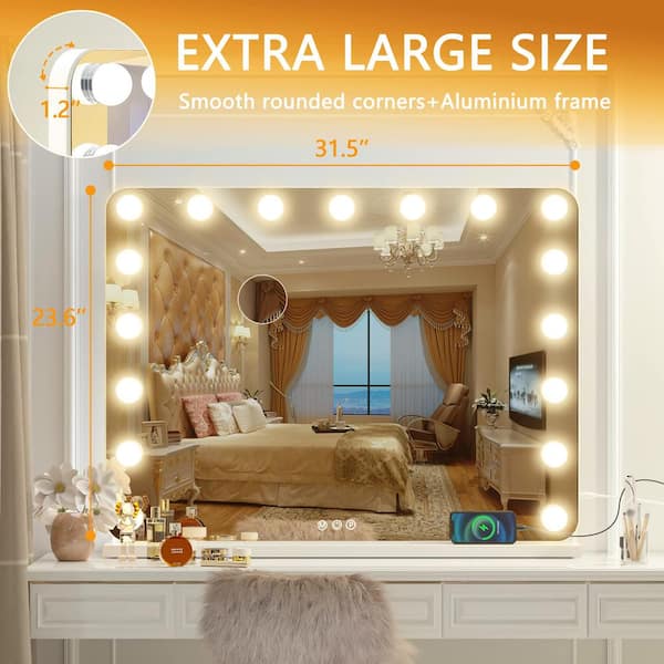 Hasipu White 23.6 in. W x 31.5 in. H Hollywood Makeup Mirror with 17 Dimmable Bulbs, 10 x Magnification, Touch Control, Type-C, HZ006-W