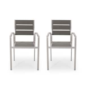Cape Coral Silver Modern Aluminum and Faux Wood Outdoor Dining Chair in Grey (2-Pack)