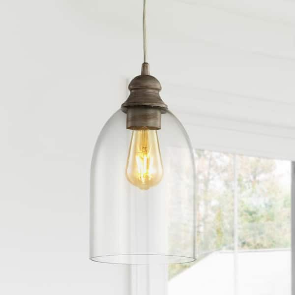 JONATHAN Y Fontaine 6.25 in. 1-Light Grey/Clear Adjustable Greige Glass LED Pendant