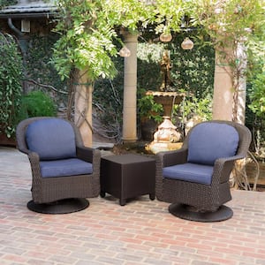Liam Dark Brown 3-Piece Metal Patio Conversation Seating Set with Navy Blue Cushions