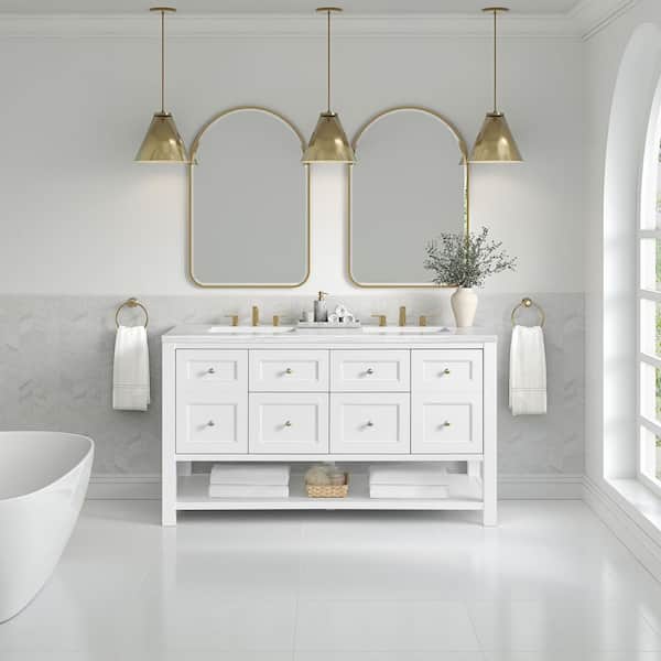 James Martin Vanities Breckenridge 60.0 in. W x 23.5 in. D x 34.25 in. H Double Bath Vanity in Bright White with Arctic Fall Solid Surface Top