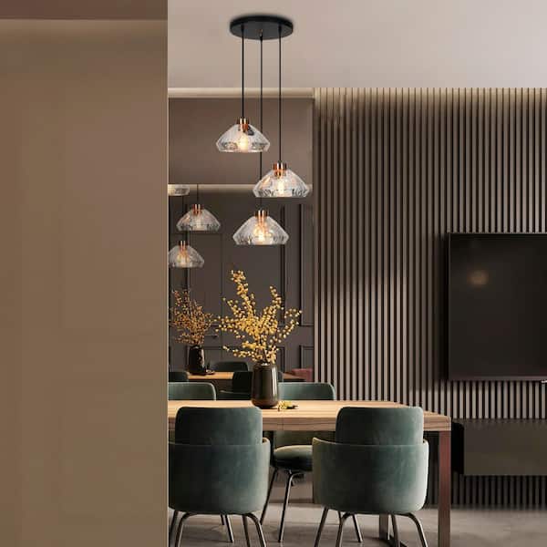 Anila Modern 17.7 in. 3-Light Black and Plated Brass Chandelier with Textured Glass Shades Kitchen Island Ceiling Light