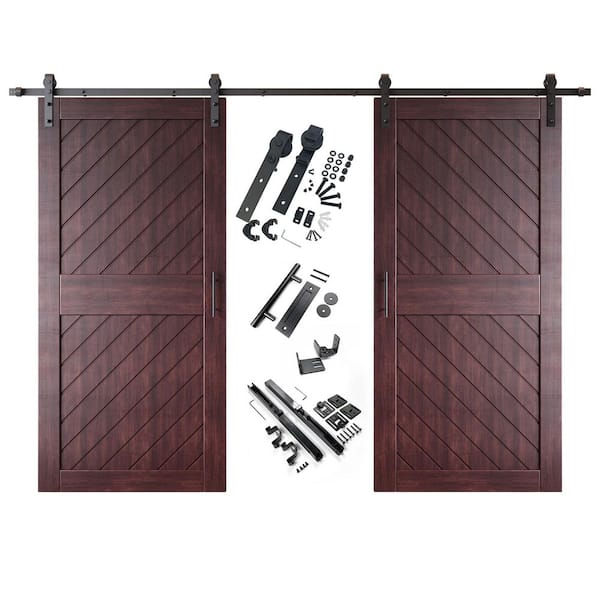 HOMACER XT1 40 in. x 84 in. C-Panel Red Mahogany Slanted Stripe Design Double Pine Wood Sliding Barn Door with Hardware Kit