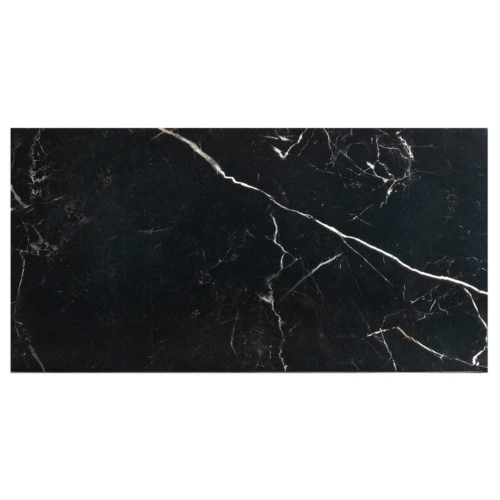 Grace Black Polished Porcelain Marble Look Tile 12" x 24"